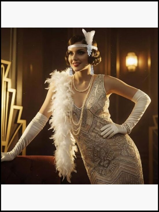 7 Pc 1920s Flapper Accessory Set Headband Necklace Earrings Gloves Fan Scarf